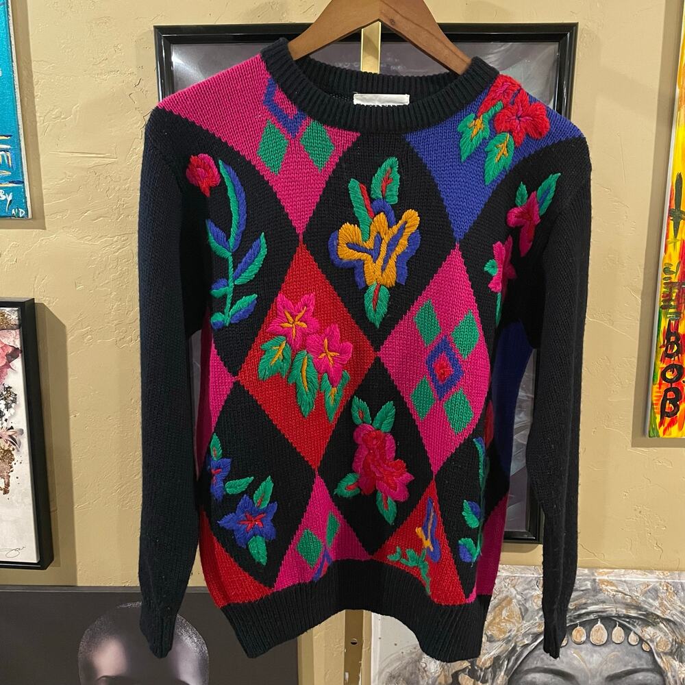 Vintage 80s Alfred Dunner Color Block Geometric Cottagecore Granny Sweater M
